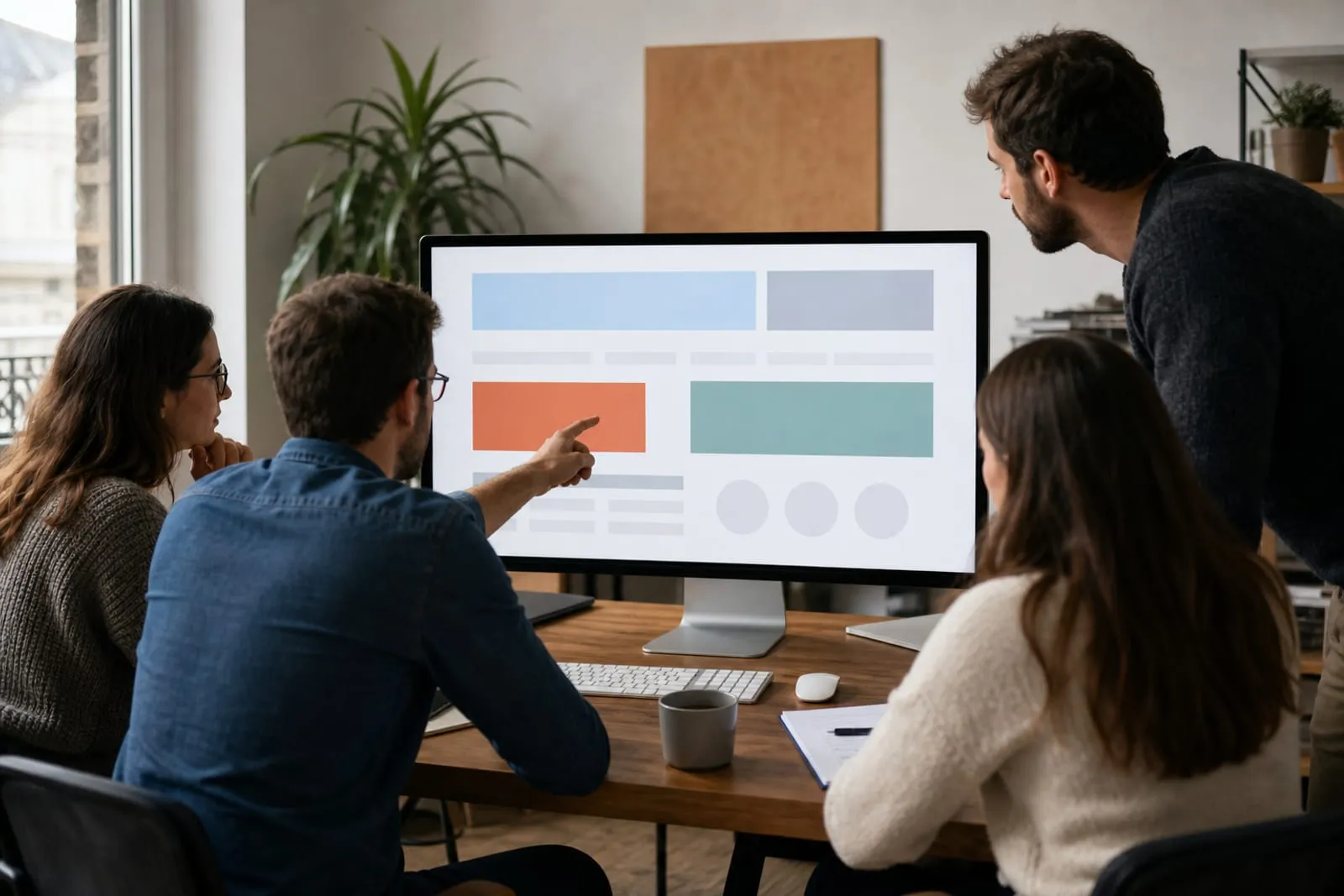 Équipe de petite entreprise analysant la structure d'une page service repensée