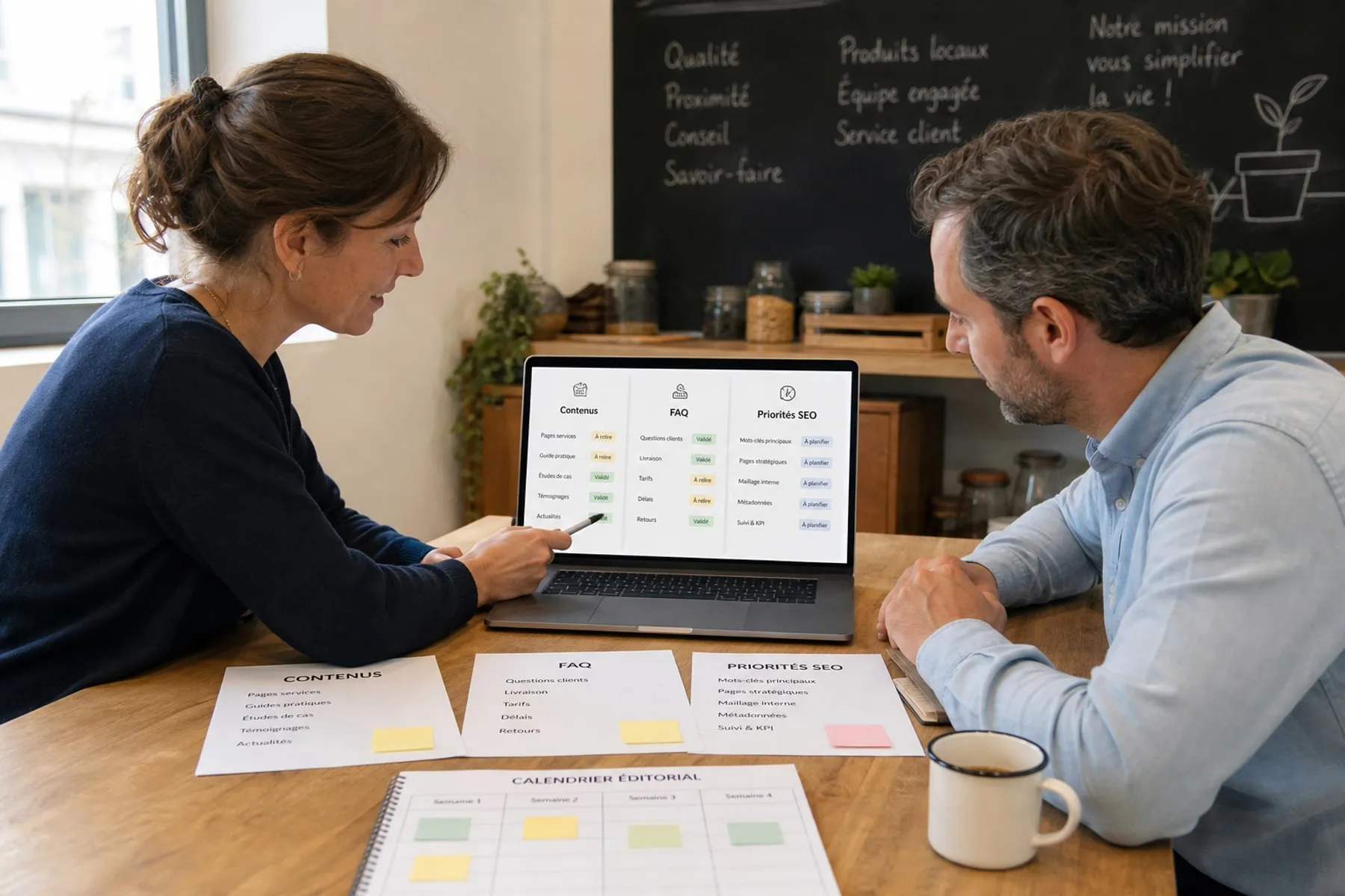 Consultant analysant des contenus et un tableau de bord de visibilité