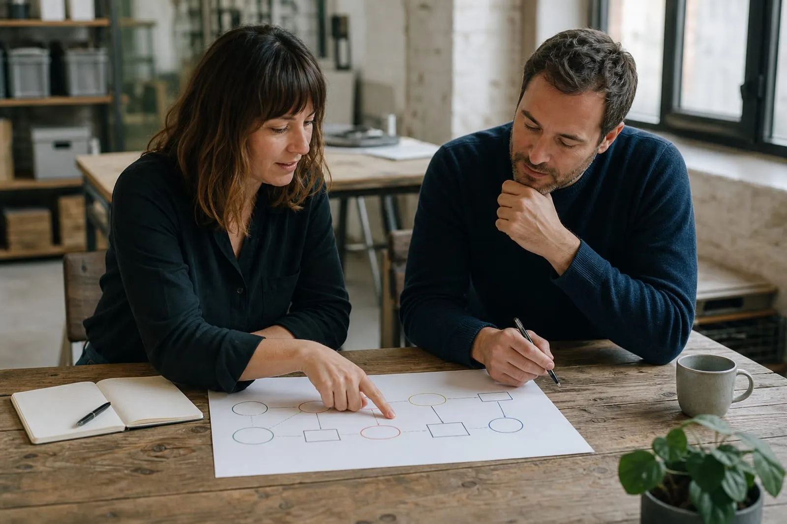 Équipe métier et spécialiste numérique cadrant ensemble un parcours conversationnel