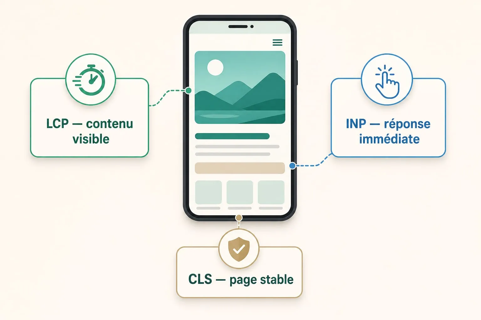 Les trois Core Web Vitals sur mobile : contenu visible, réponse immédiate et page stable