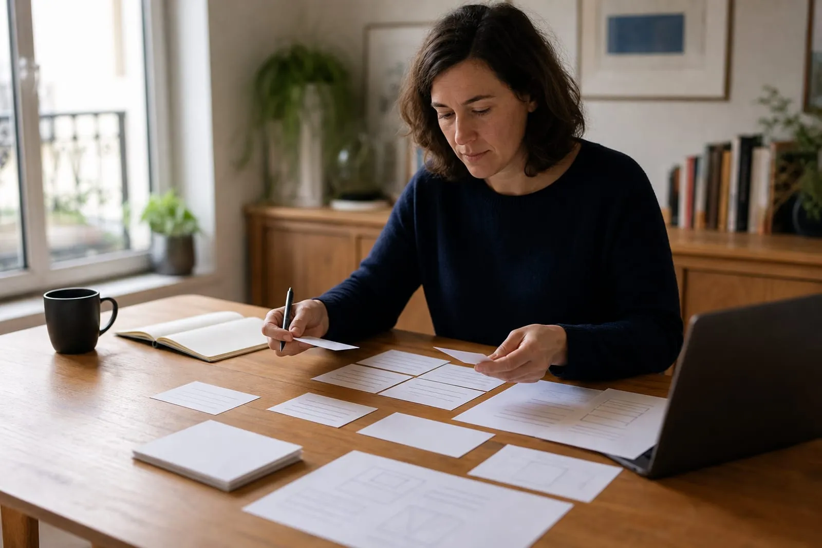 Rédactrice organisant les titres, arguments et preuves d'une page web avant sa rédaction