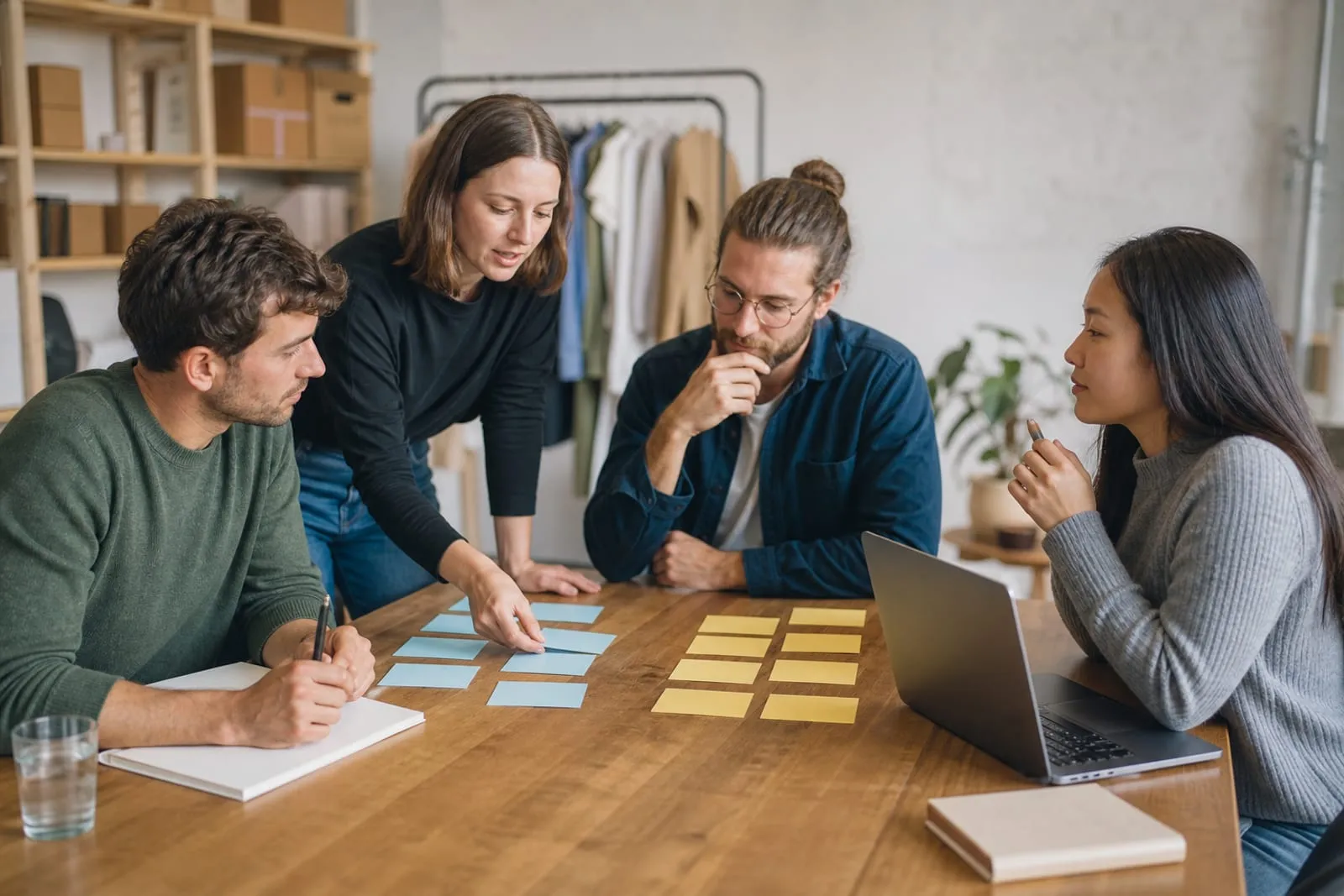 Équipe d'une petite boutique classant les évolutions à adopter maintenant ou plus tard