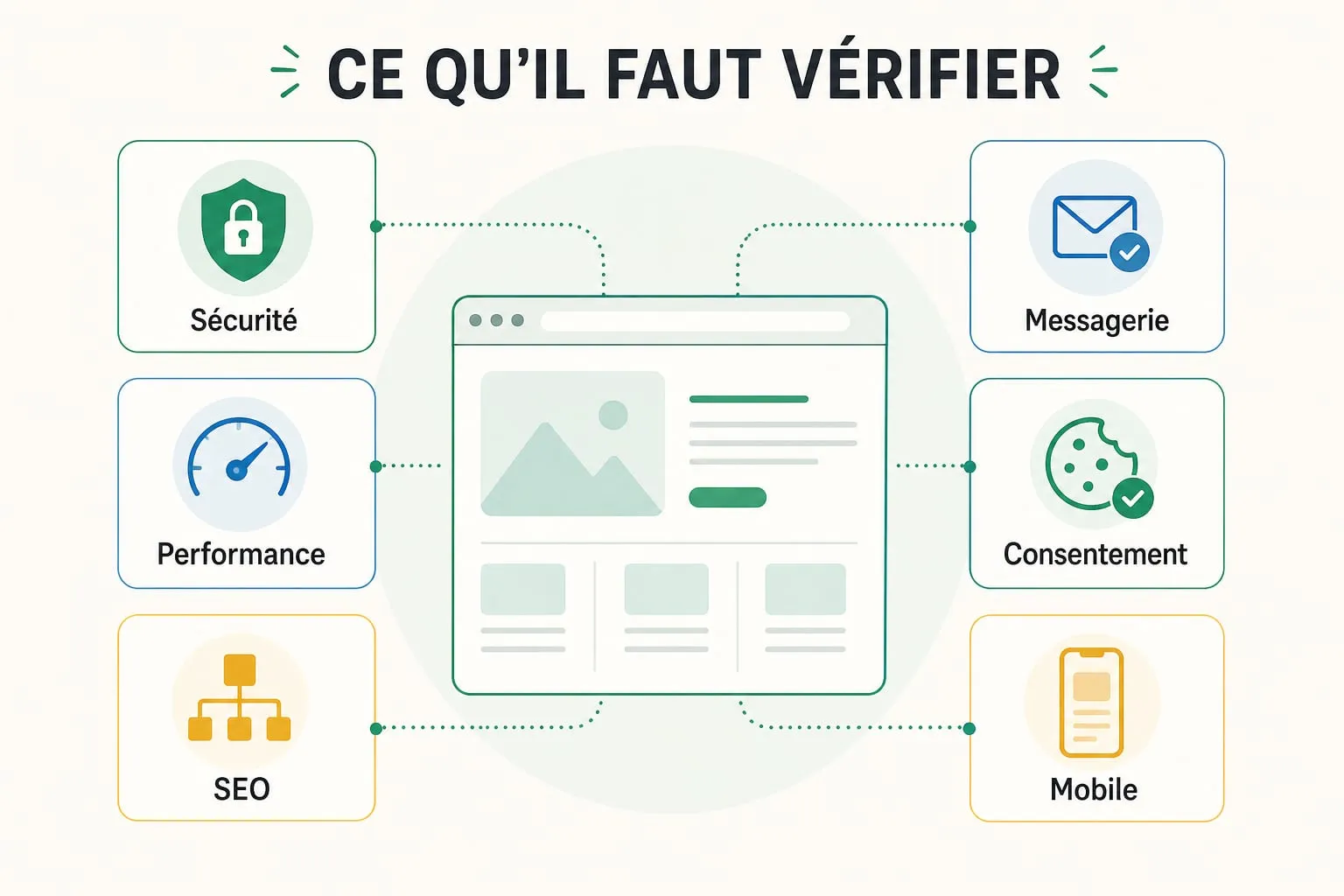 Les six vérifications utiles d'un diagnostic de site : sécurité, performance, SEO, messagerie, consentement et affichage mobile