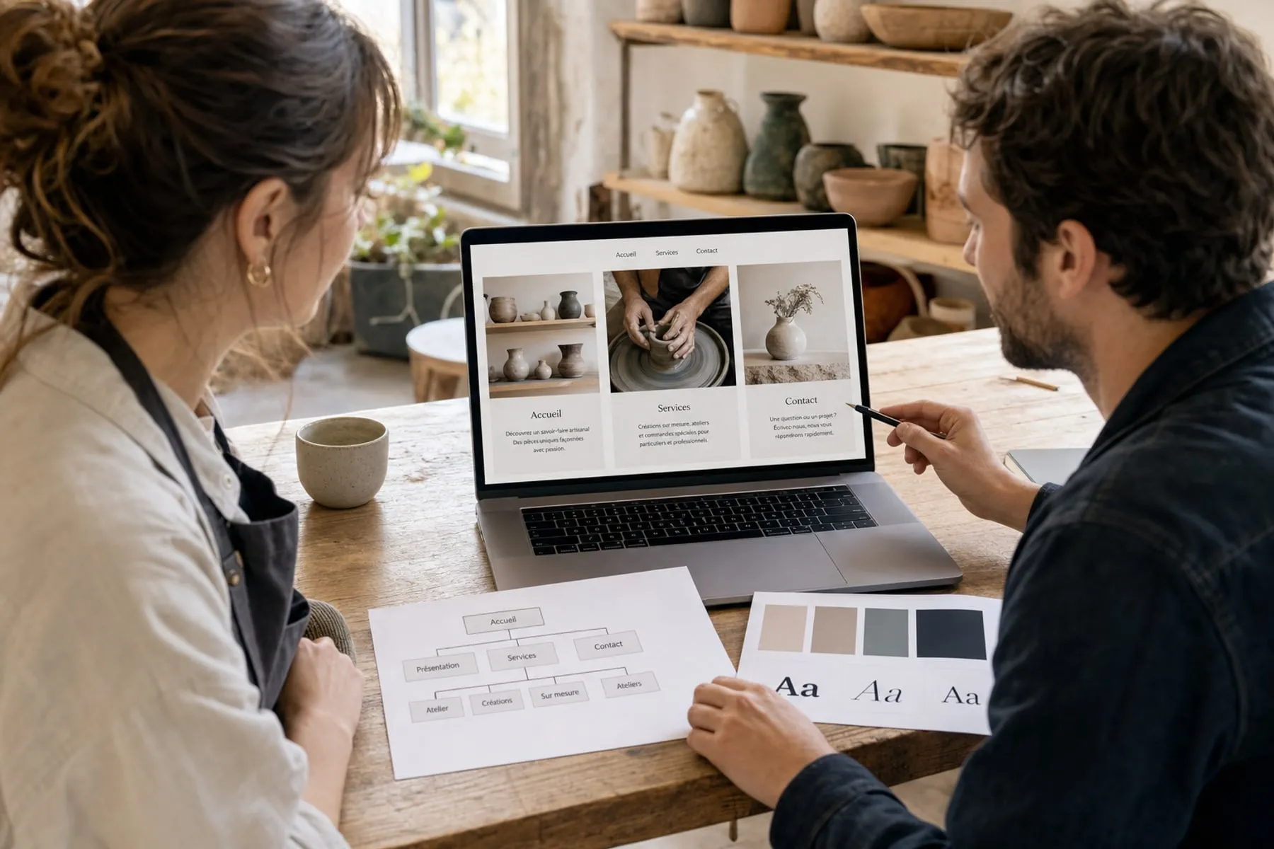Entrepreneuse préparant l'identité visuelle et le site de son activité